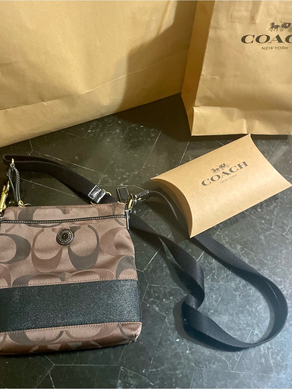 Coach Brown Signature Canvas Crossbody with Black Accent